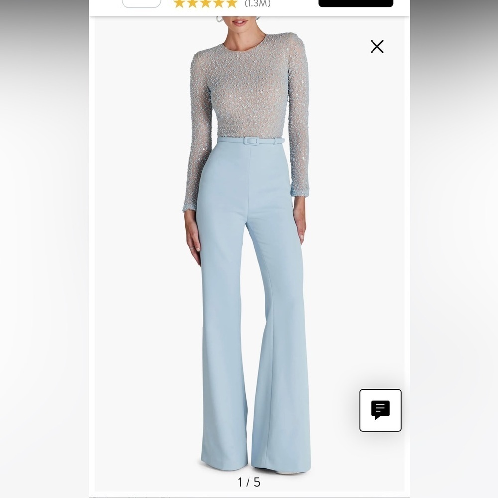 new Nadine Merabi Misha beaded mesh long sleeve jumpsuit in light blue